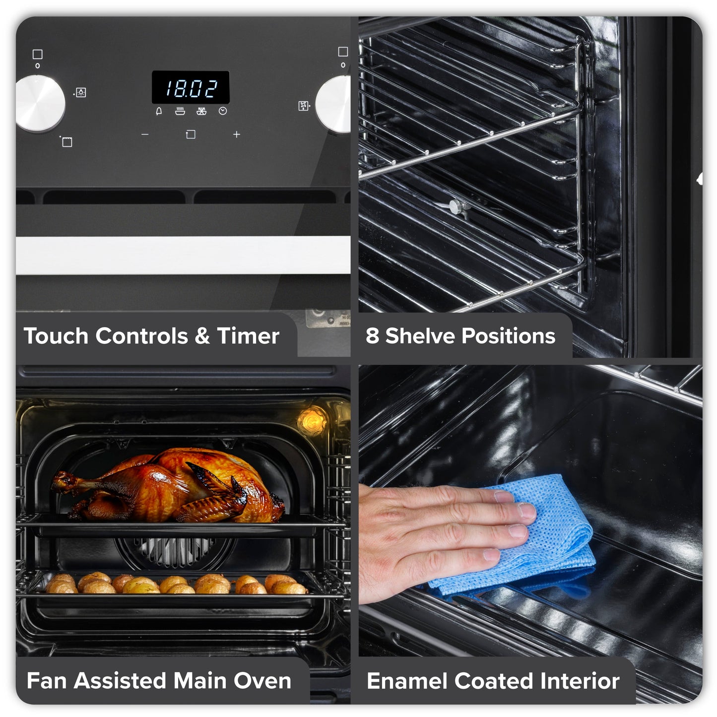 Baridi 72cm Under-Counter Double Oven, 74L Capacity, Energy Rating A, 8 Shelf Positions, Black Glass – DH278