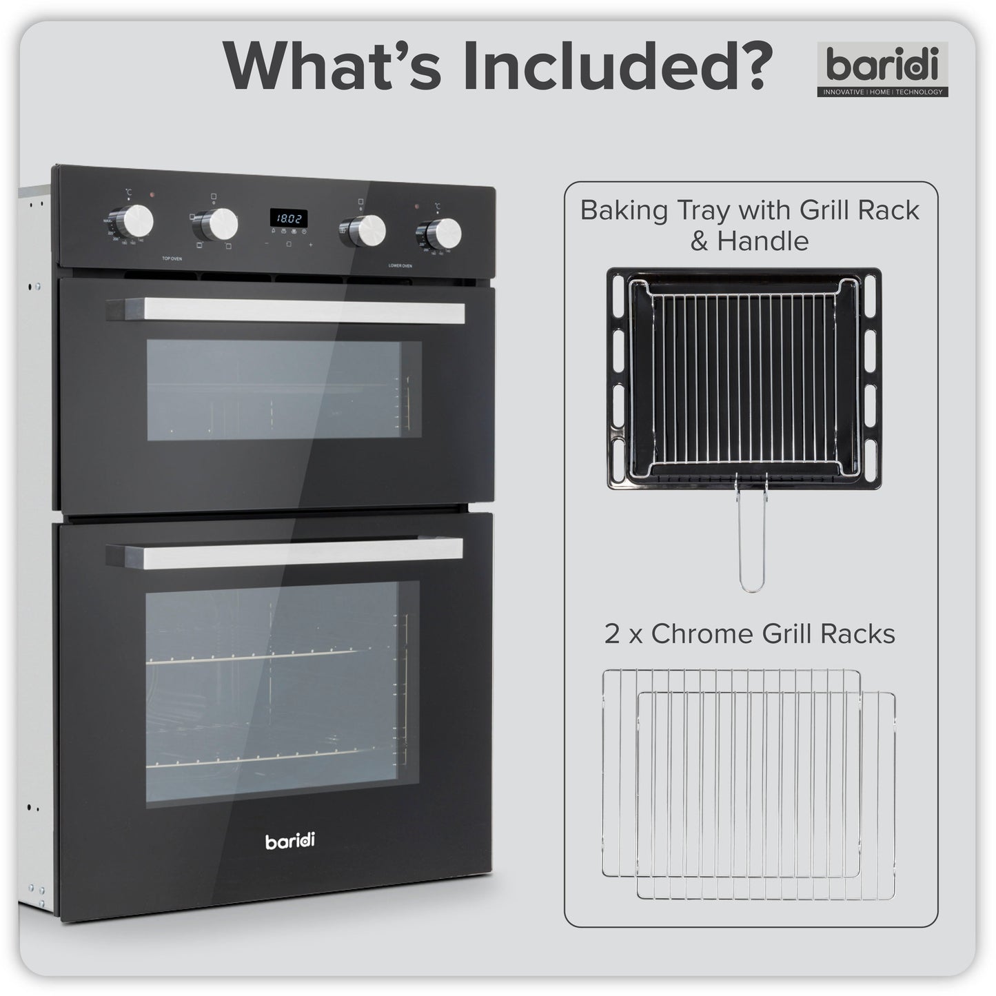 Baridi 72cm Under-Counter Double Oven, 74L Capacity, Energy Rating A, 8 Shelf Positions, Black Glass – DH278