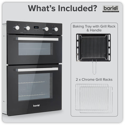 Baridi 72cm Under-Counter Double Oven, 74L Capacity, Energy Rating A, 8 Shelf Positions, Black Glass – DH278