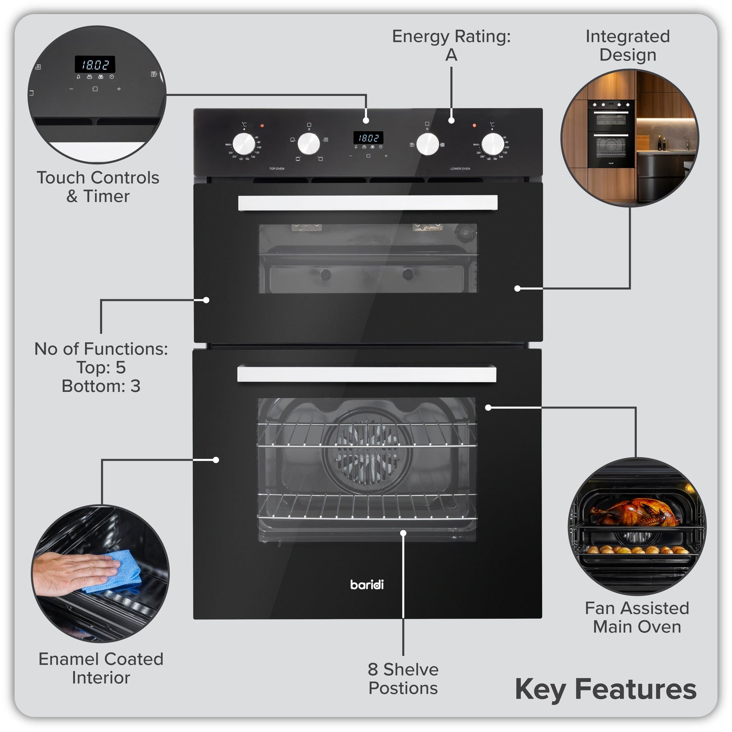 Baridi 90cm 88L Built-In Double Oven, Capacity, Energy Rating A, Black Glass – DH279