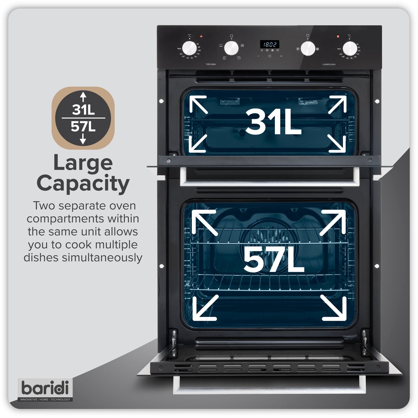 Baridi 90cm 88L Built-In Double Oven, Capacity, Energy Rating A, Black Glass – DH279