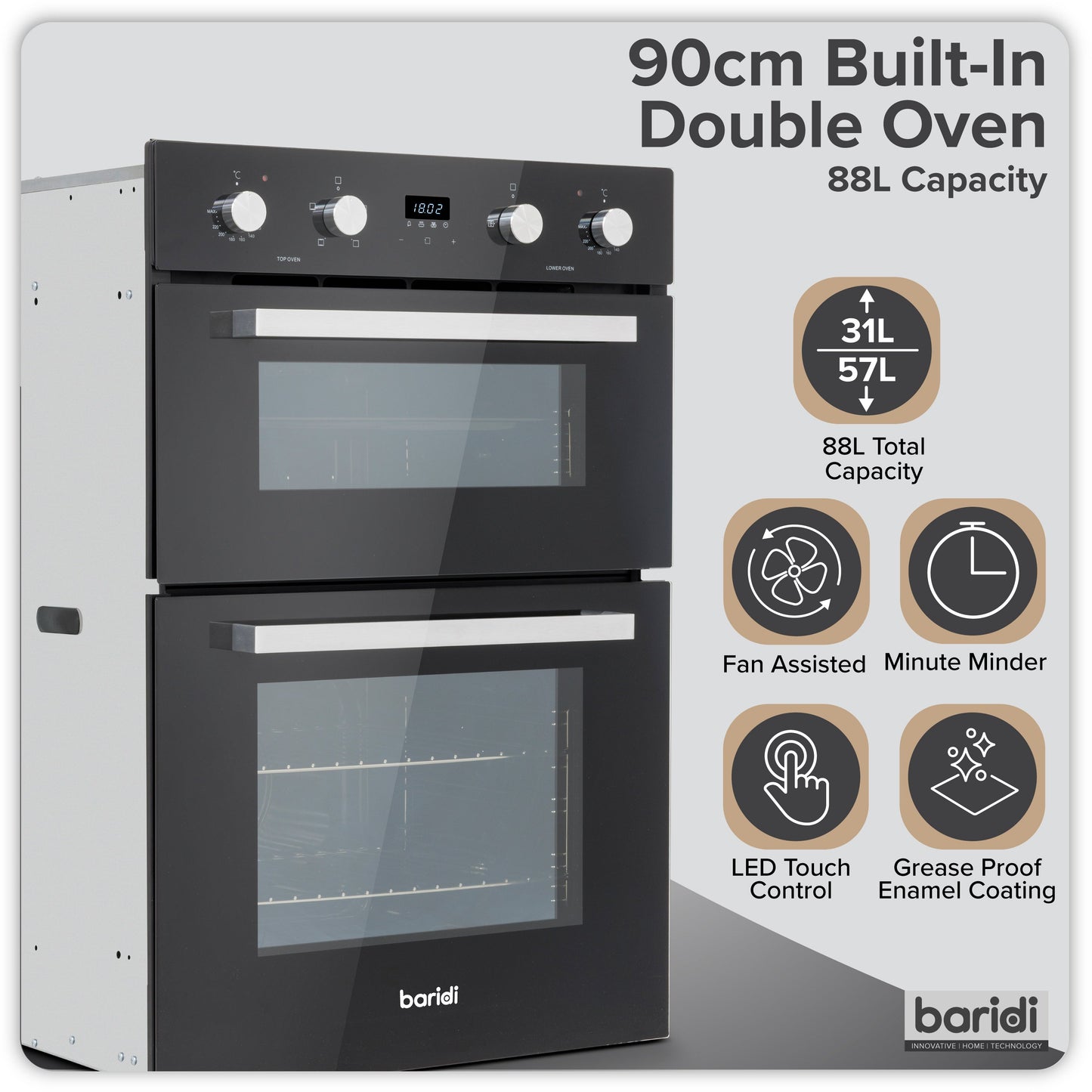 Baridi 90cm 88L Built-In Double Oven, Capacity, Energy Rating A, Black Glass – DH279