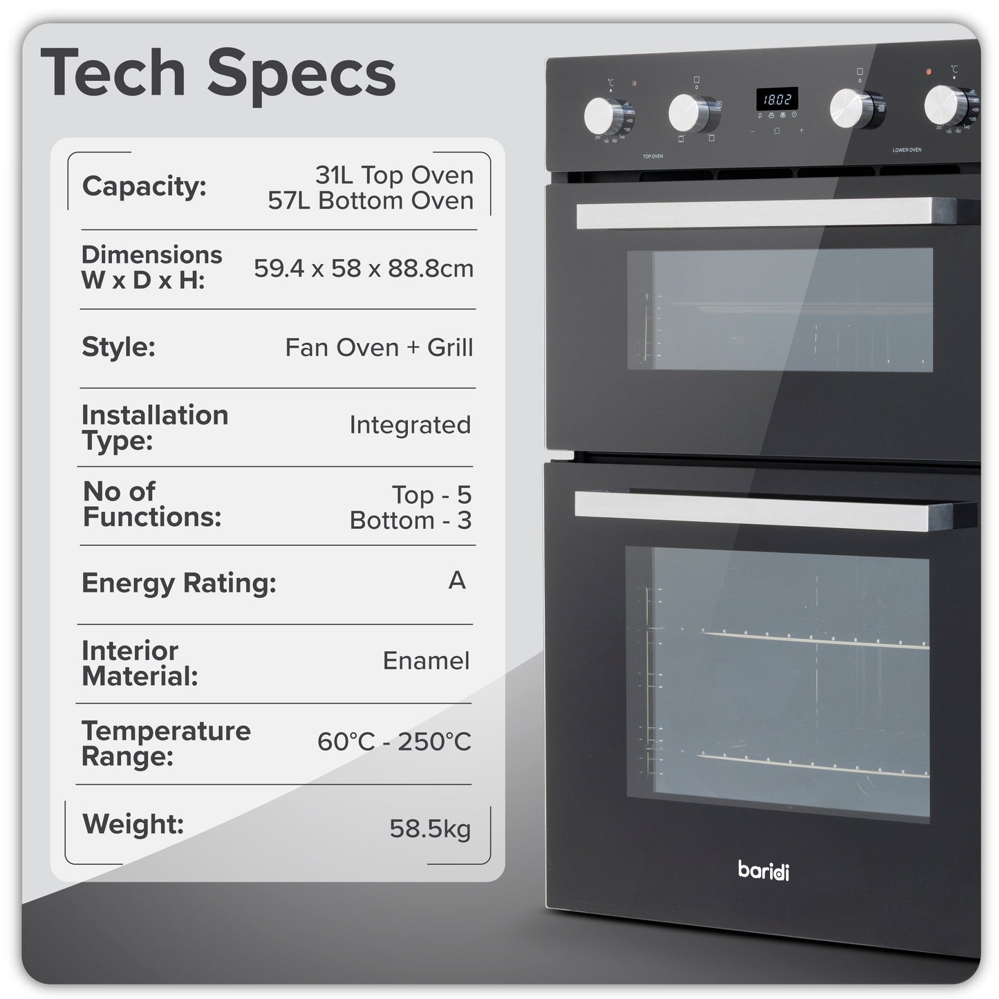 Baridi 90cm 88L Built-In Double Oven, Capacity, Energy Rating A, Black Glass – DH279