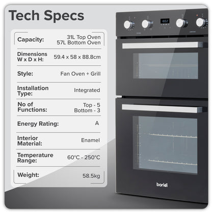 Baridi 90cm 88L Built-In Double Oven, Capacity, Energy Rating A, Black Glass – DH279