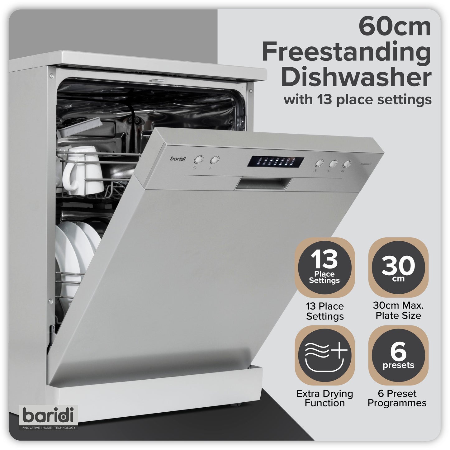 Baridi 60cm Freestanding Dishwasher, 13 Place Settings, 6 Programs, Silver - DH280