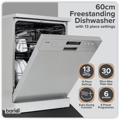 Baridi 60cm Freestanding Dishwasher, 13 Place Settings, 6 Programs, Silver - DH280