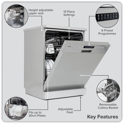 Baridi 60cm Freestanding Dishwasher, 13 Place Settings, 6 Programs, Silver - DH280