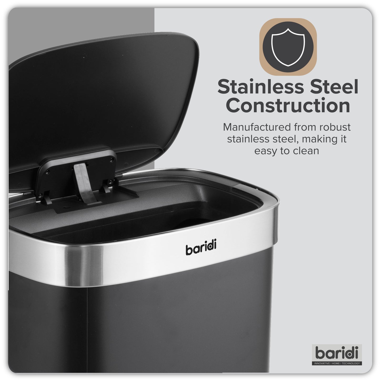 Baridi Sensor Bin, 50L Capacity, Black/Stainless Steel – DH281