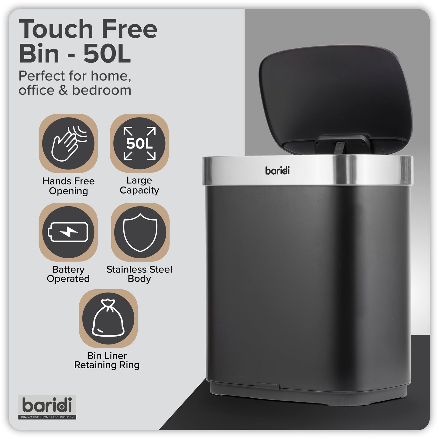 Baridi Sensor Bin, 50L Capacity, Black/Stainless Steel – DH281