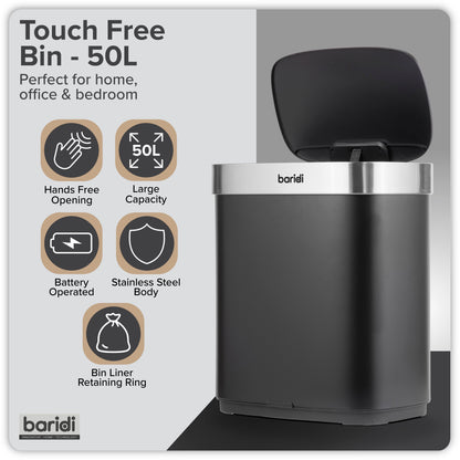 Baridi Sensor Bin, 50L Capacity, Black/Stainless Steel – DH281