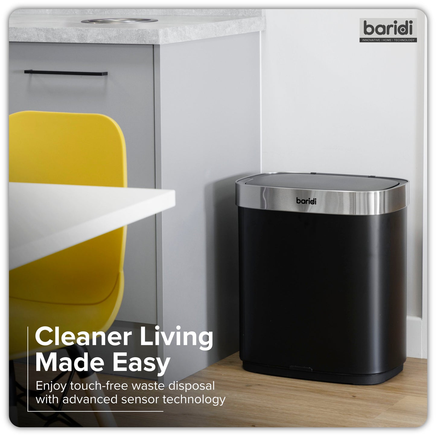 Baridi Sensor Bin, 50L Capacity, Black/Stainless Steel – DH281