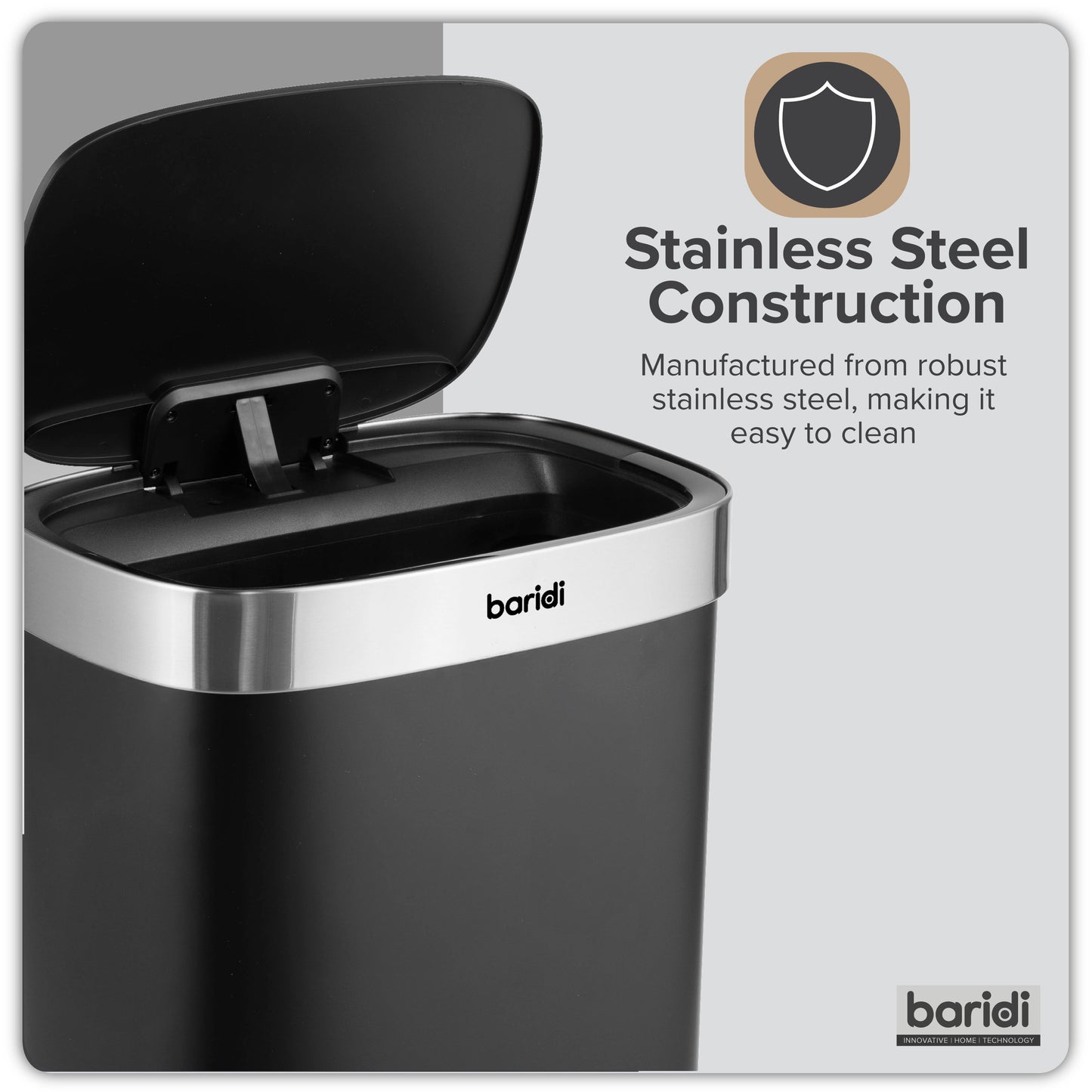 Baridi Sensor Bin, 65L Capacity, Black/Stainless Steel – DH282