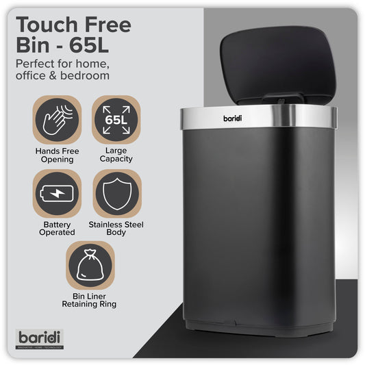 Baridi Sensor Bin, 65L Capacity, Black/Stainless Steel – DH282