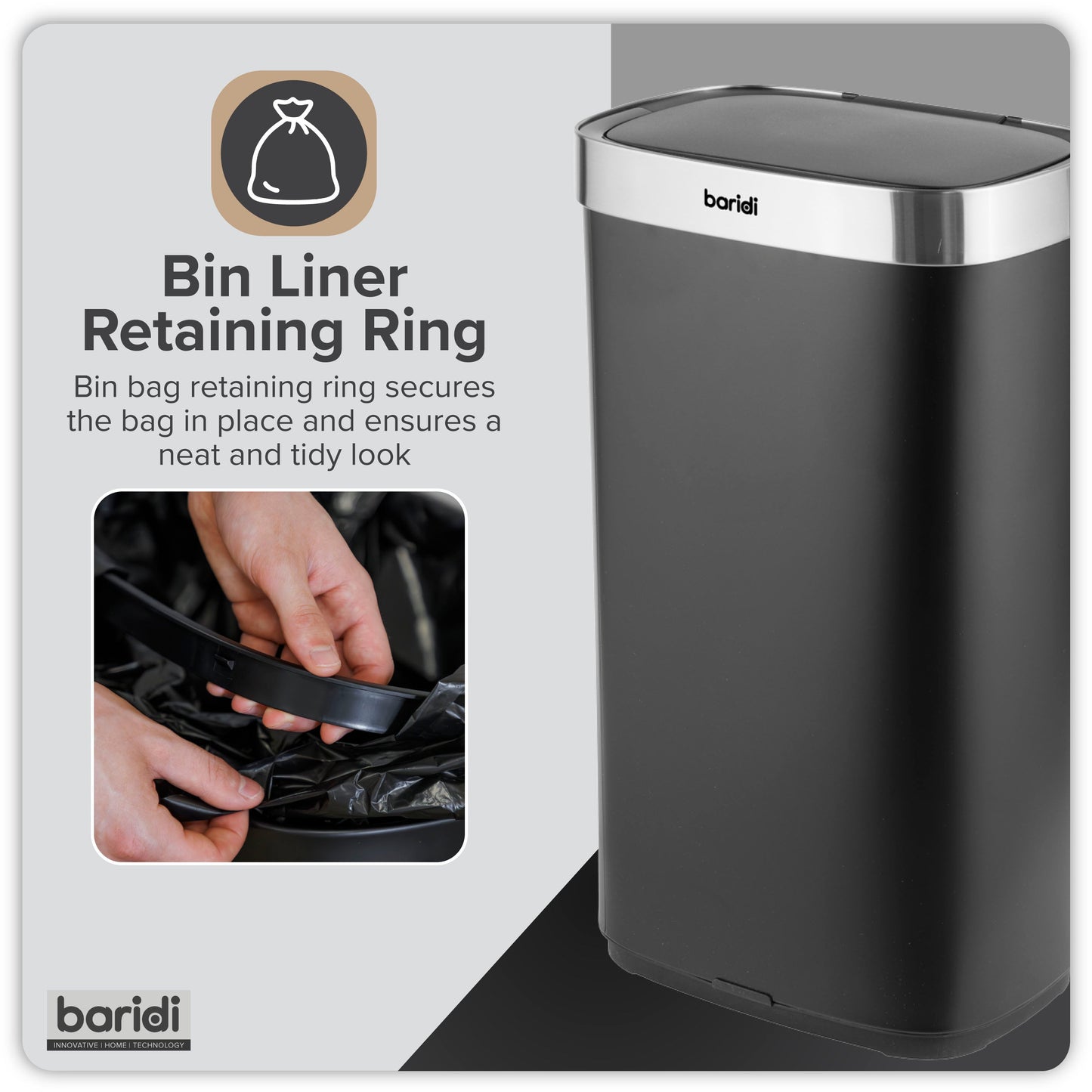 Baridi Sensor Bin, 80L Capacity, Black/Stainless Steel - DH283
