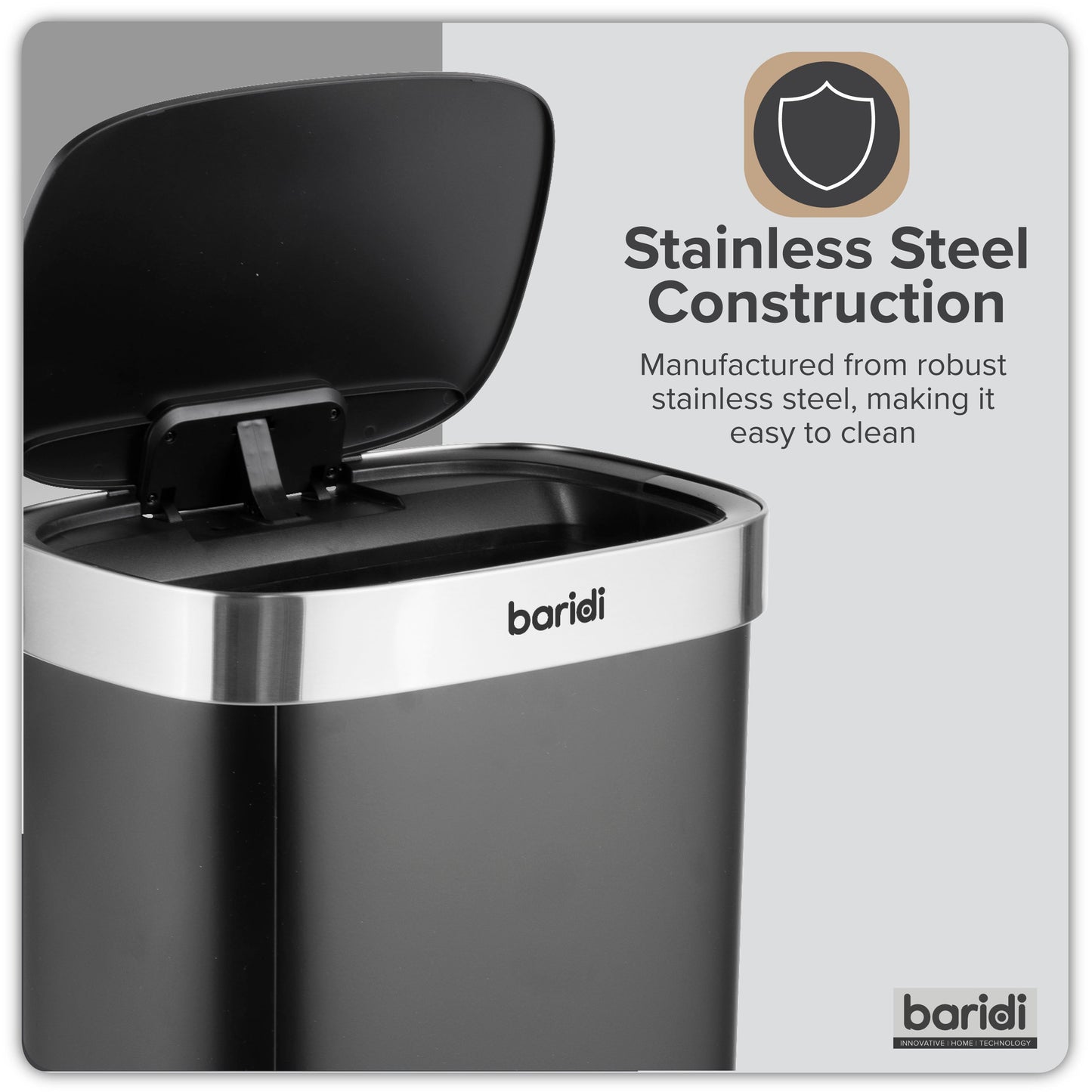 Baridi Sensor Bin, 80L Capacity, Black/Stainless Steel - DH283