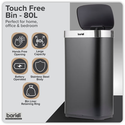 Baridi Sensor Bin, 80L Capacity, Black/Stainless Steel - DH283