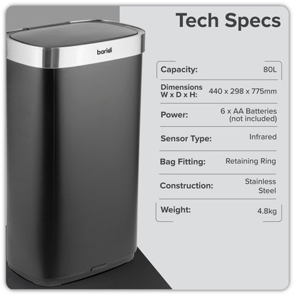 Baridi Sensor Bin, 80L Capacity, Black/Stainless Steel - DH283