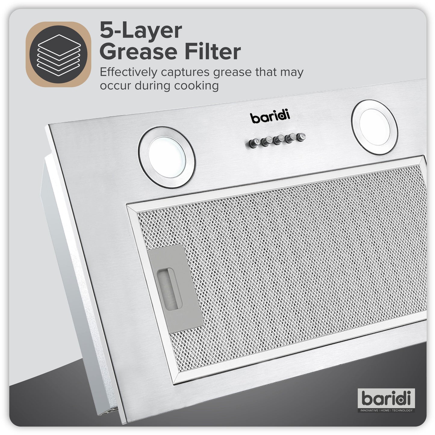 Baridi Built-In Cooker Hood 52cm with 5 Layer Filter, Stainless Steel - DH284