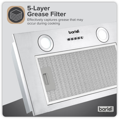 Baridi Built-In Cooker Hood 52cm with 5 Layer Filter, Stainless Steel - DH284