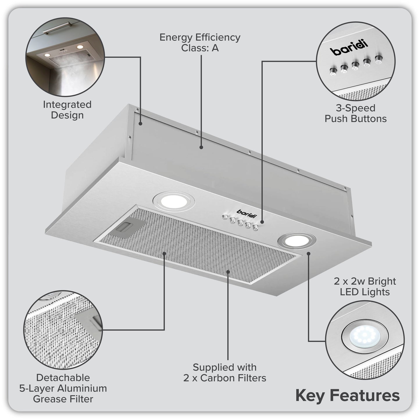 Baridi Built-In Cooker Hood 52cm with 5 Layer Filter, Stainless Steel - DH284
