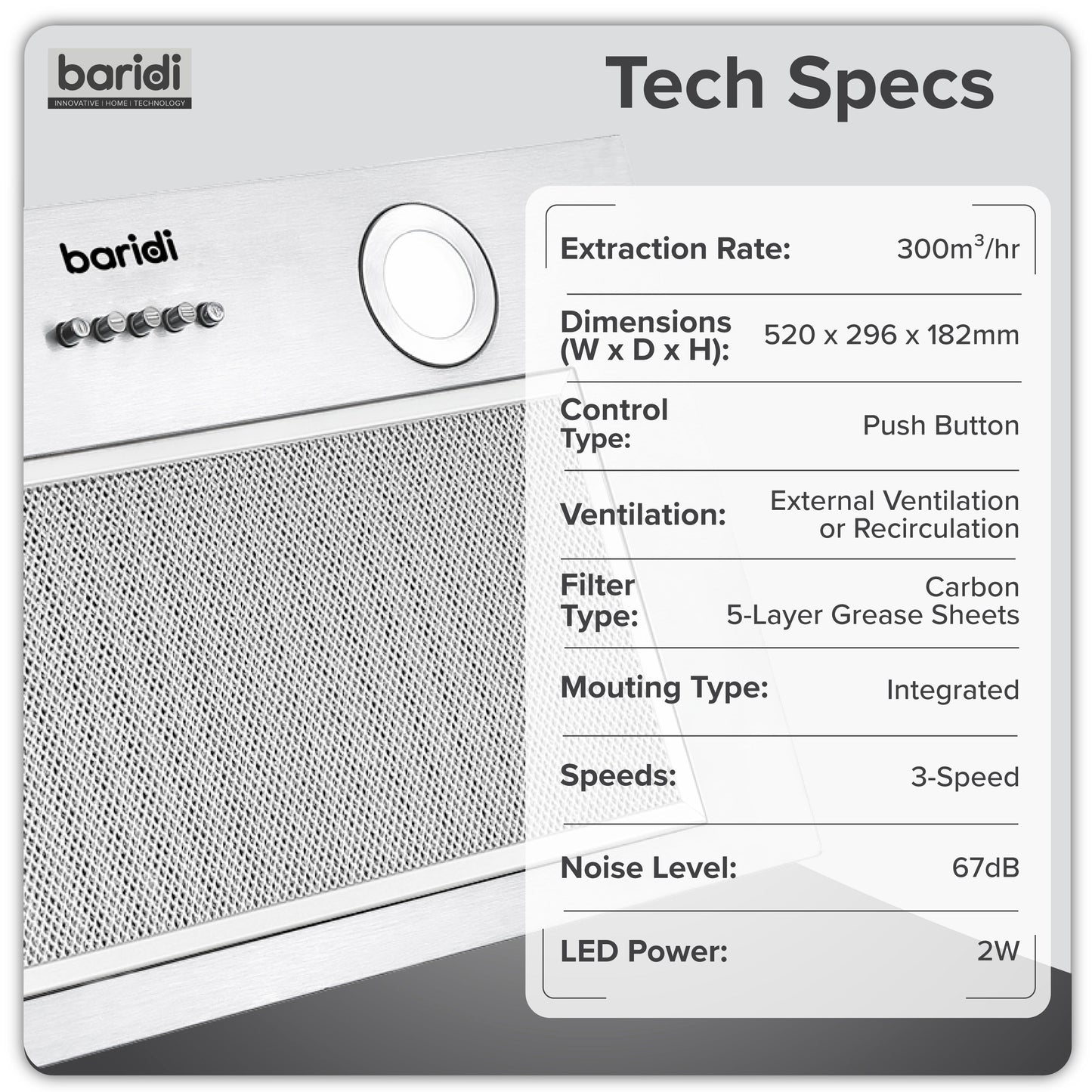 Baridi Built-In Cooker Hood 52cm with 5 Layer Filter, Stainless Steel - DH284