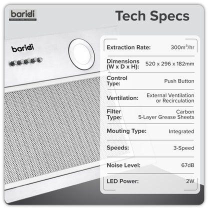 Baridi Built-In Cooker Hood 52cm with 5 Layer Filter, Stainless Steel - DH284