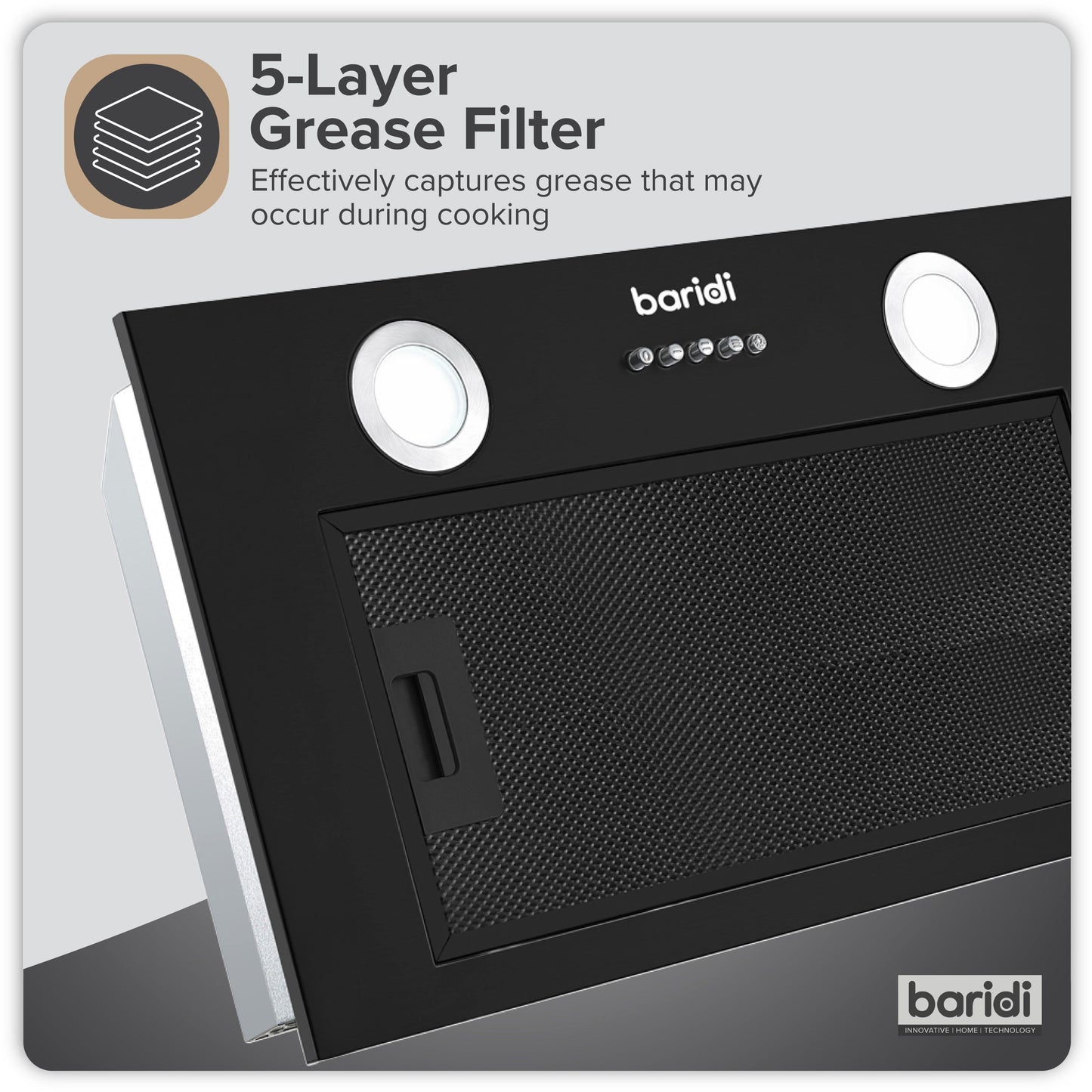 Baridi Built-In Cooker Hood 52cm with 5 Layer Filter, Black - DH285