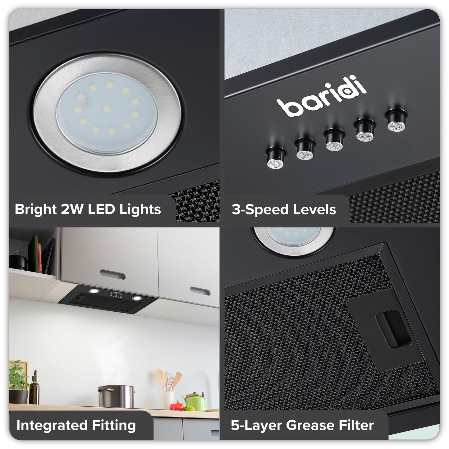 Baridi Built-In Cooker Hood 52cm with 5 Layer Filter, Black - DH285