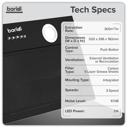 Baridi Built-In Cooker Hood 52cm with 5 Layer Filter, Black - DH285