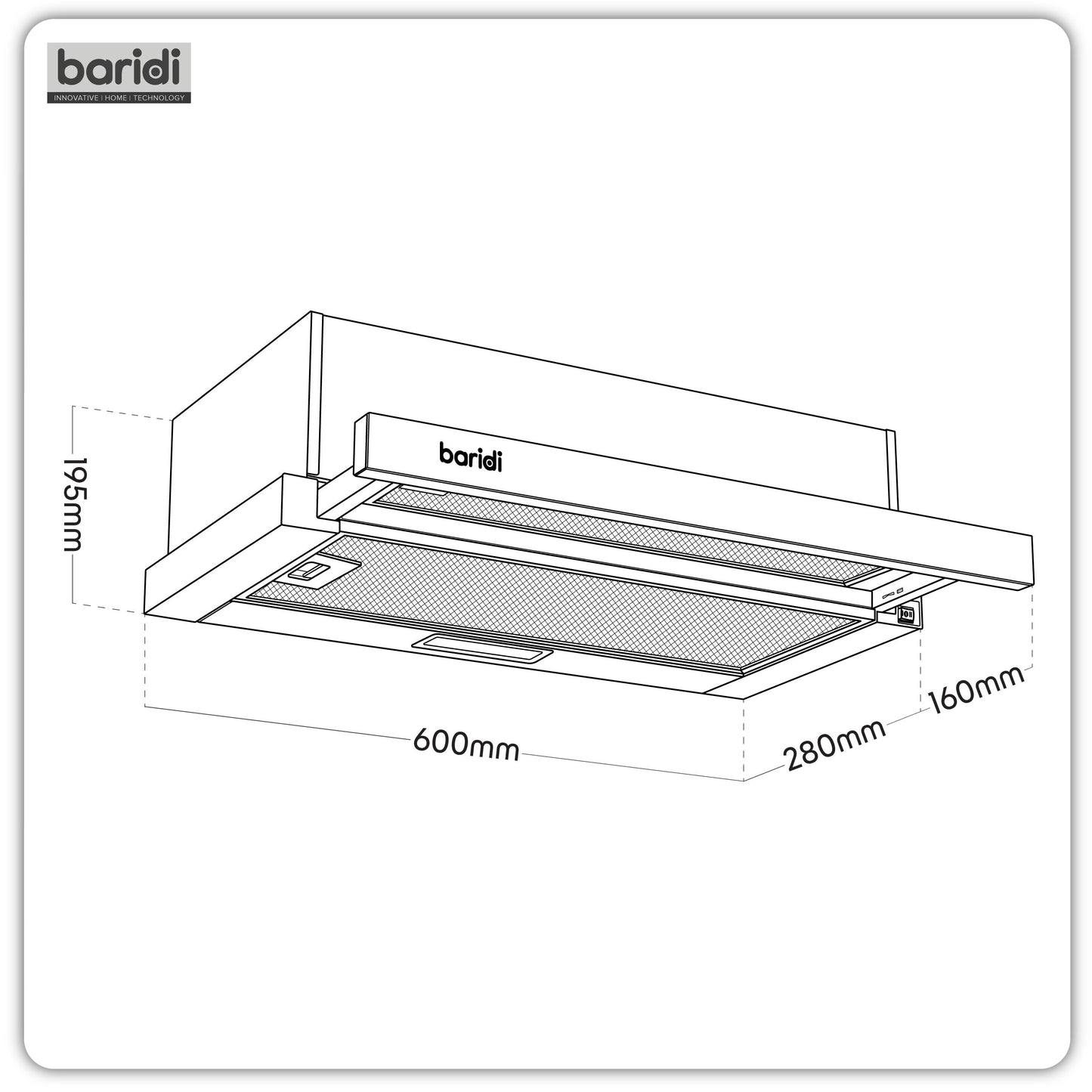 Baridi Telescopic Cooker Hood, 60cm with Aluminium Filters, Stainless Steel – DH286