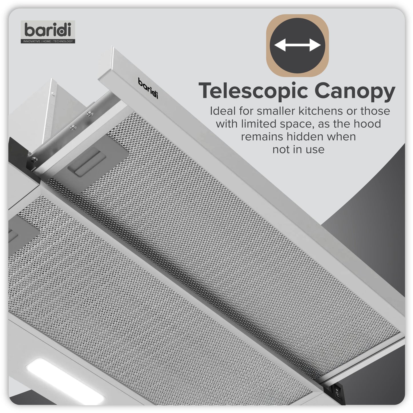 Baridi Telescopic Cooker Hood, 60cm with Aluminium Filters, Stainless Steel – DH286