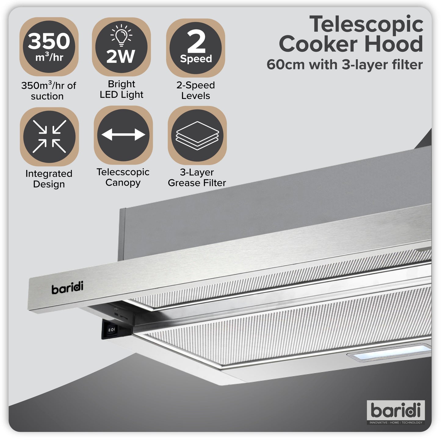 Baridi Telescopic Cooker Hood, 60cm with Aluminium Filters, Stainless Steel – DH286