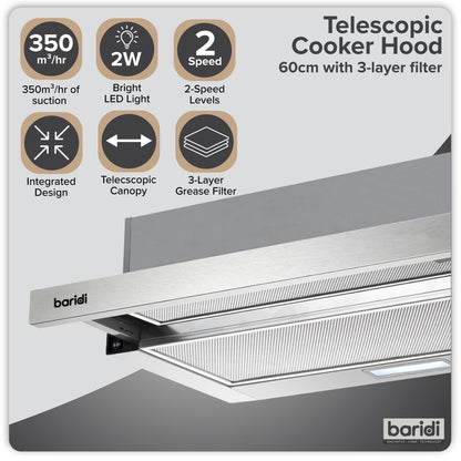 Baridi Telescopic Cooker Hood, 60cm with Aluminium Filters, Stainless Steel – DH286