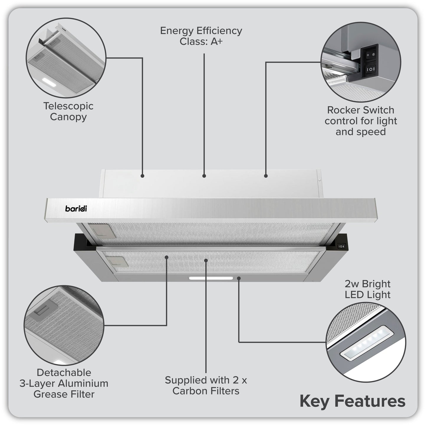 Baridi Telescopic Cooker Hood, 60cm with Aluminium Filters, Stainless Steel – DH286