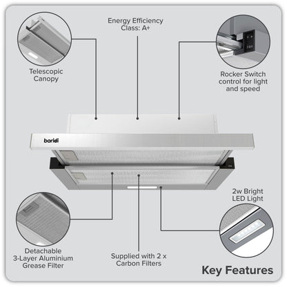 Baridi Telescopic Cooker Hood, 60cm with Aluminium Filters, Stainless Steel – DH286