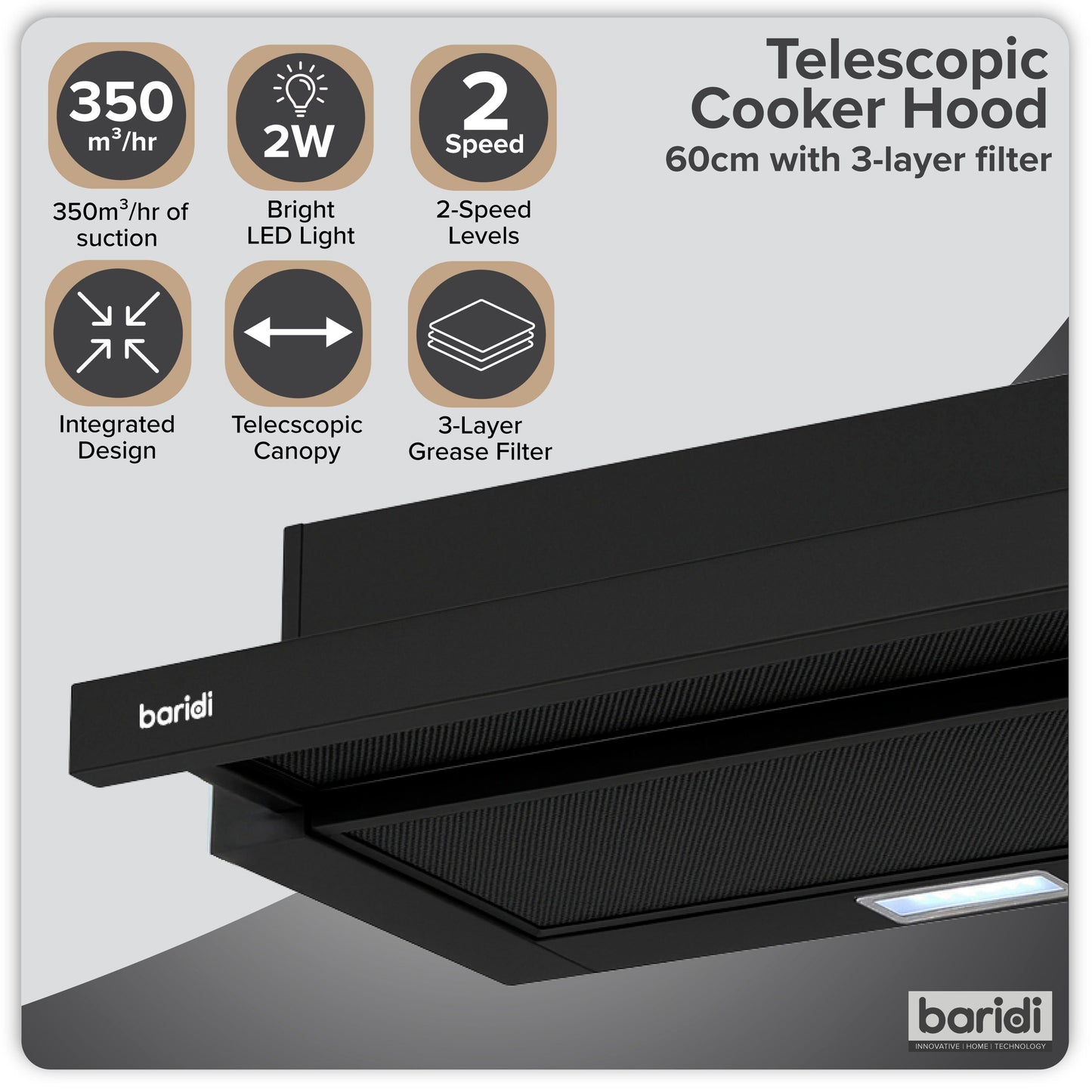 Baridi Telescopic Cooker Hood, 60cm with Aluminium Filters, Black – DH287
