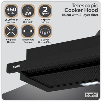 Baridi Telescopic Cooker Hood, 60cm with Aluminium Filters, Black – DH287
