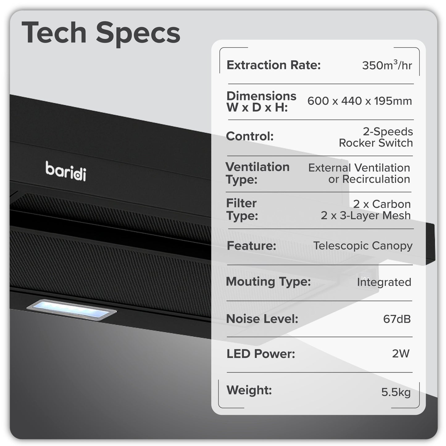 Baridi Telescopic Cooker Hood, 60cm with Aluminium Filters, Black – DH287