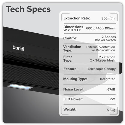 Baridi Telescopic Cooker Hood, 60cm with Aluminium Filters, Black – DH287