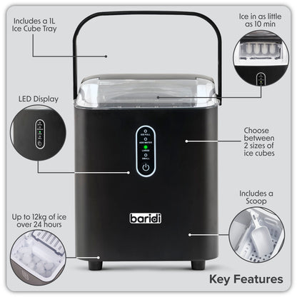 Baridi Ice Cube Maker 12kg in 24hr Electric with LED Display & 10 Minute Freeze - DH52