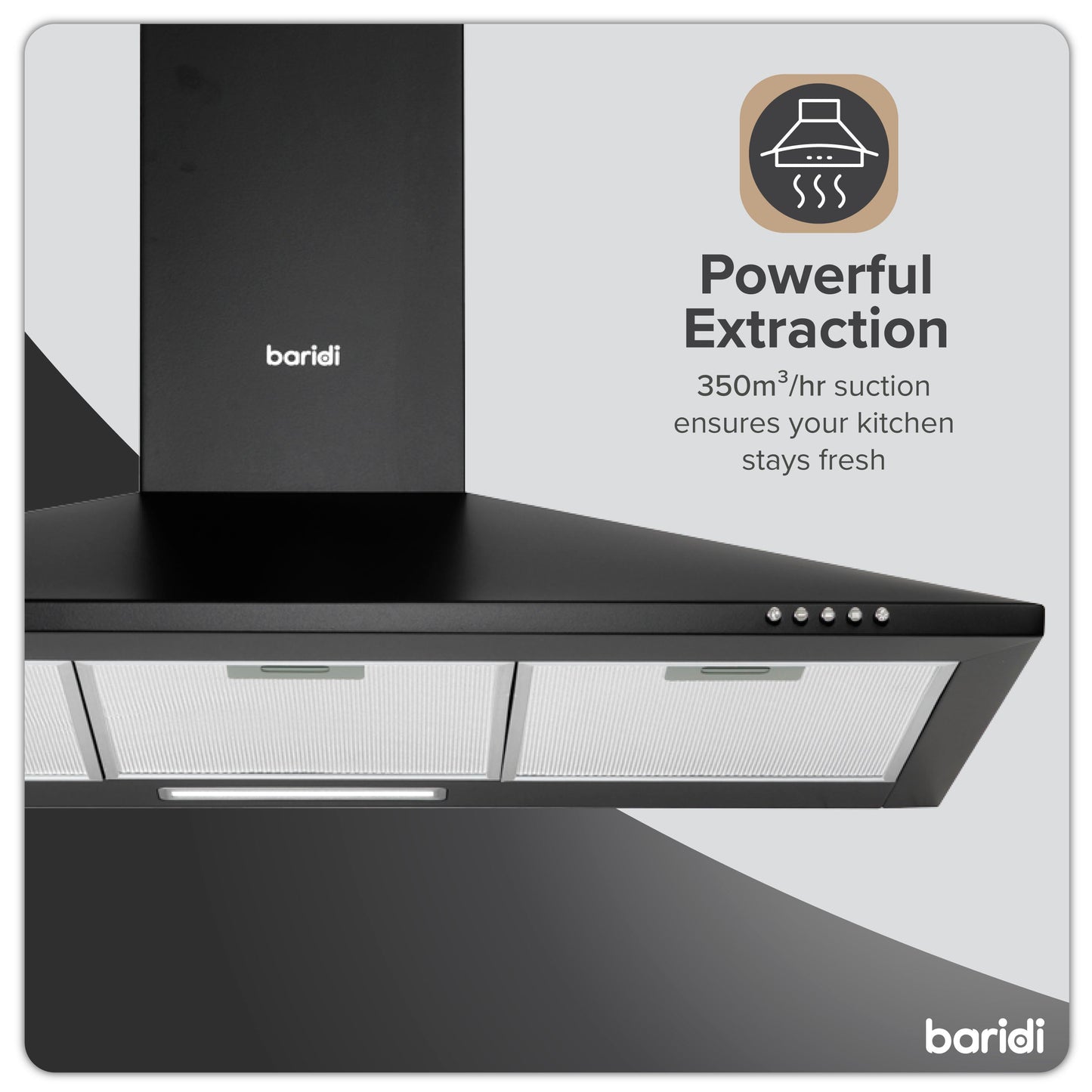 Baridi 90cm Chimney Style Cooker Hood with Carbon Filters, Black - DH59