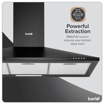 Baridi 90cm Chimney Style Cooker Hood with Carbon Filters, Black - DH59