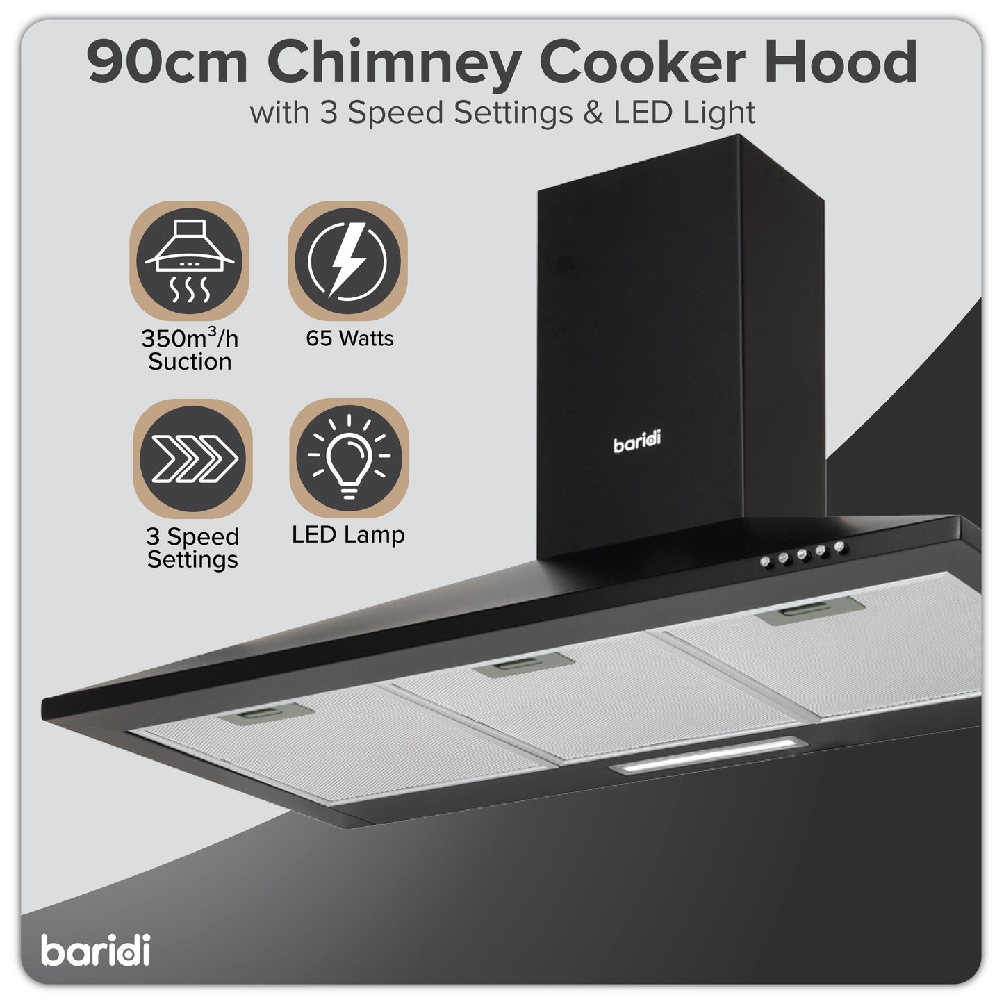 Baridi 90cm Chimney Style Cooker Hood with Carbon Filters, Black - DH59