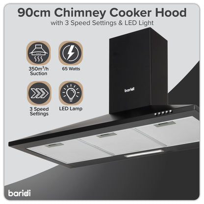 Baridi 90cm Chimney Style Cooker Hood with Carbon Filters, Black - DH59