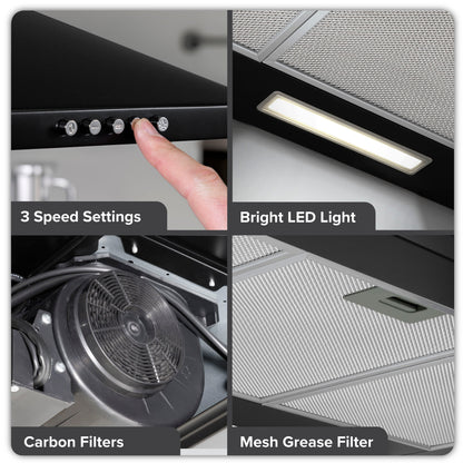 Baridi 90cm Chimney Style Cooker Hood with Carbon Filters, Black - DH59