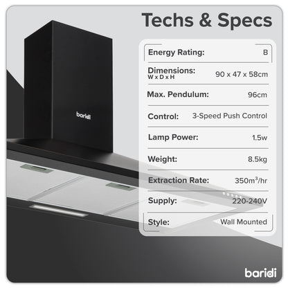 Baridi 90cm Chimney Style Cooker Hood with Carbon Filters, Black - DH59
