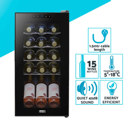 Baridi 15 Bottle Wine Fridge with Touch Controls & LED Light, Black - DH5