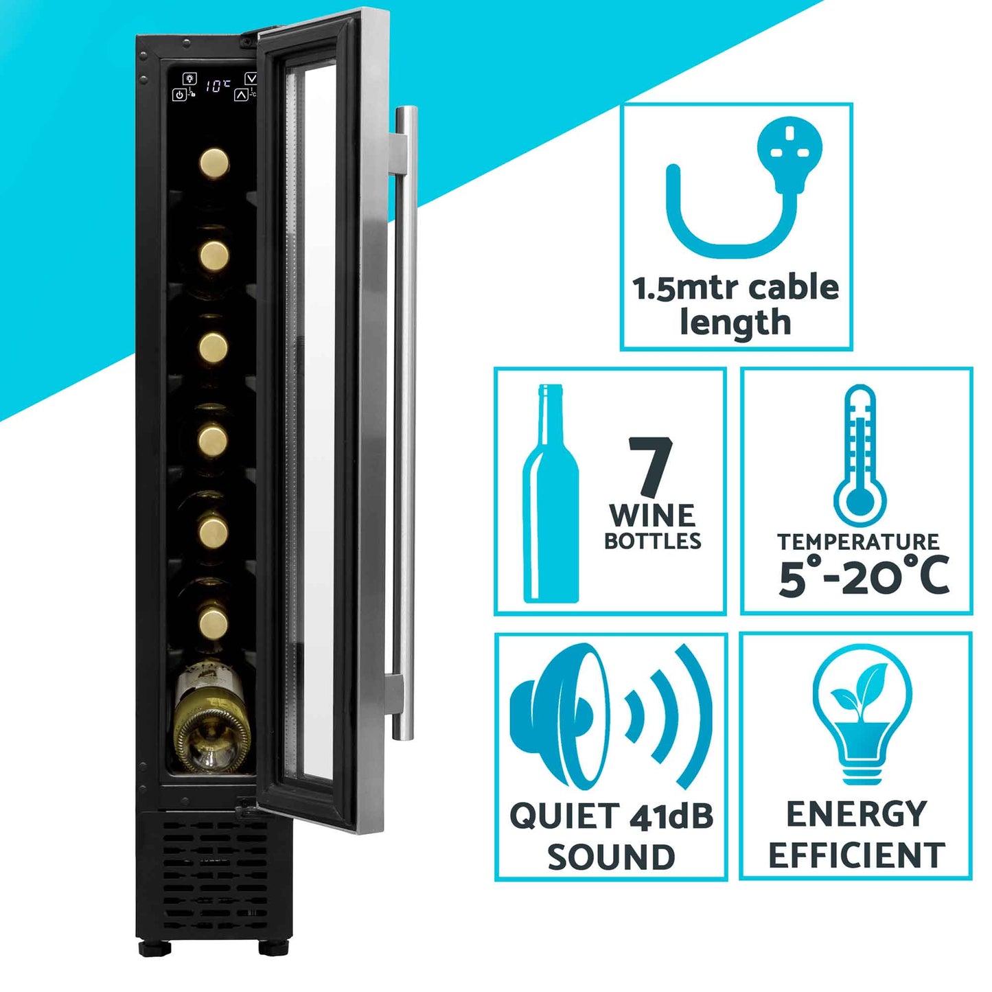 Baridi 7 Bottle 15cm Slim Wine Cooler with Digital Touch Screen Controls - Stainless Steel - DH77