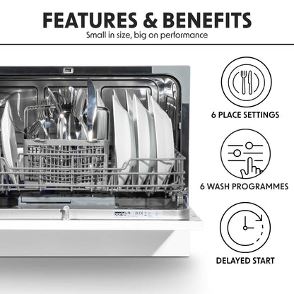 Baridi Compact Tabletop Dishwasher 6 Place Settings, 6 Programmes, Low Noise, 6.5L - White - DH83
