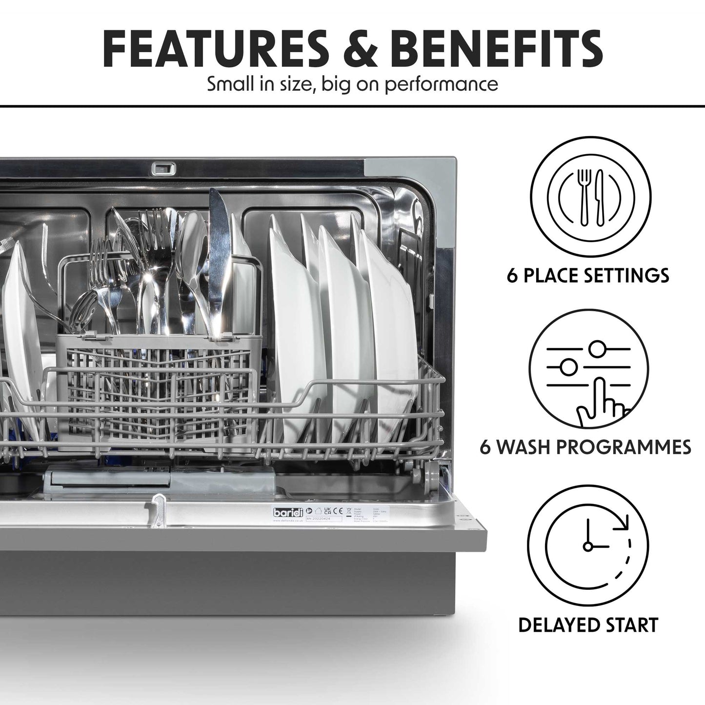 Baridi Compact Tabletop Dishwasher 6 Place Settings, 6 Programmes, Low Noise, 6.5L - Silver - DH84